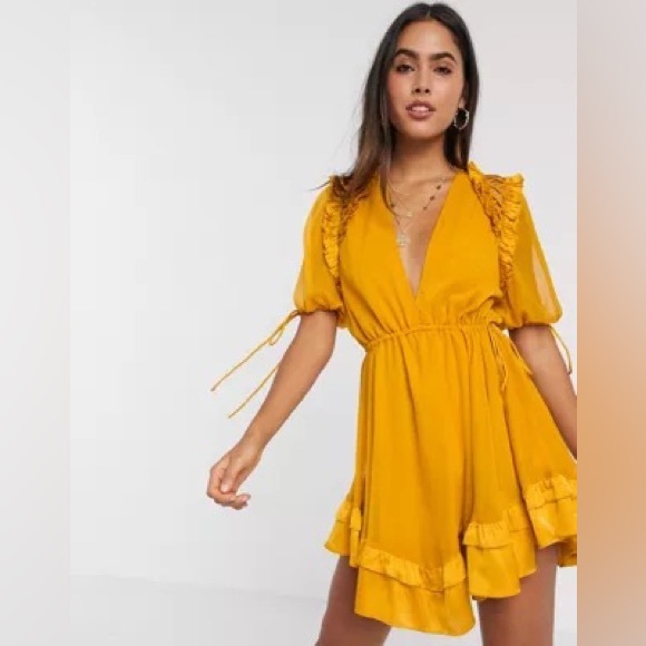 Mustard ASOS DESIGN Mini Dress with Satin Trim Ruffle and Tie Detail - Picture 2 of 7